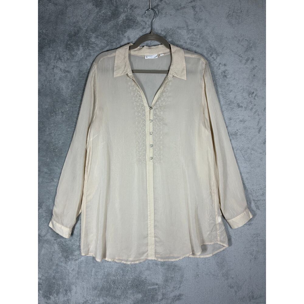 J Jill Uncommon Threads Semi Sheer Crinkled Blouse Tunic Top Large Beige Fairy - Picture 10 of 16